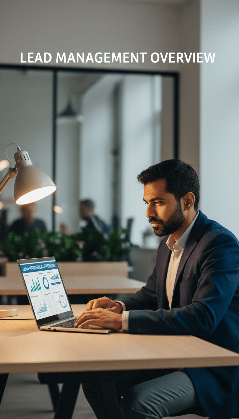 Focused male professional reviewing lead management dashboard on laptop at modern desk with warm desk lighting