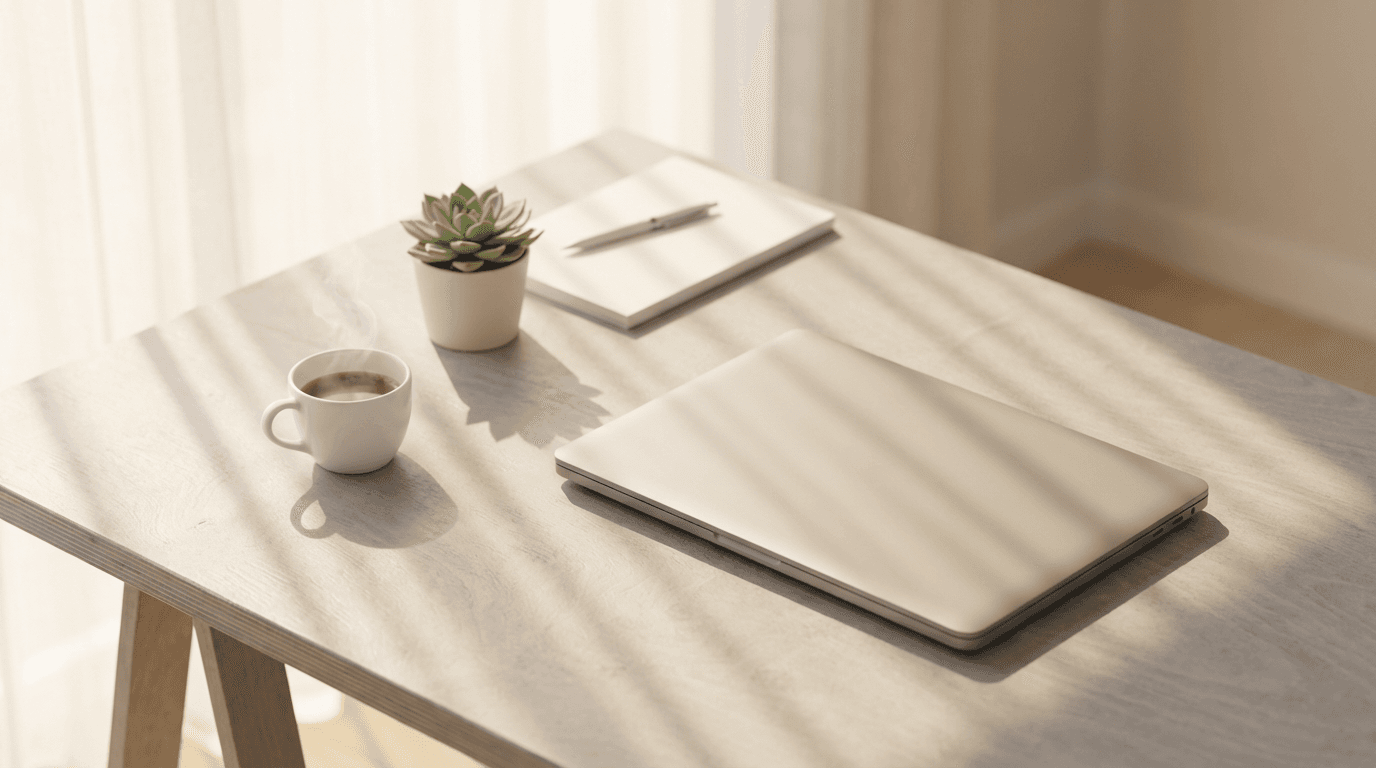 Woman working at desk on digital marketing strategy with laptop and notebook